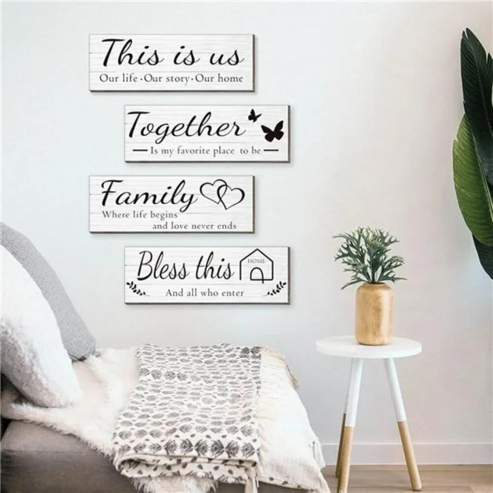 4 Pieces Wooden Home Wall Art Decor Rustic Farmhouse Decor Signs For Living Room